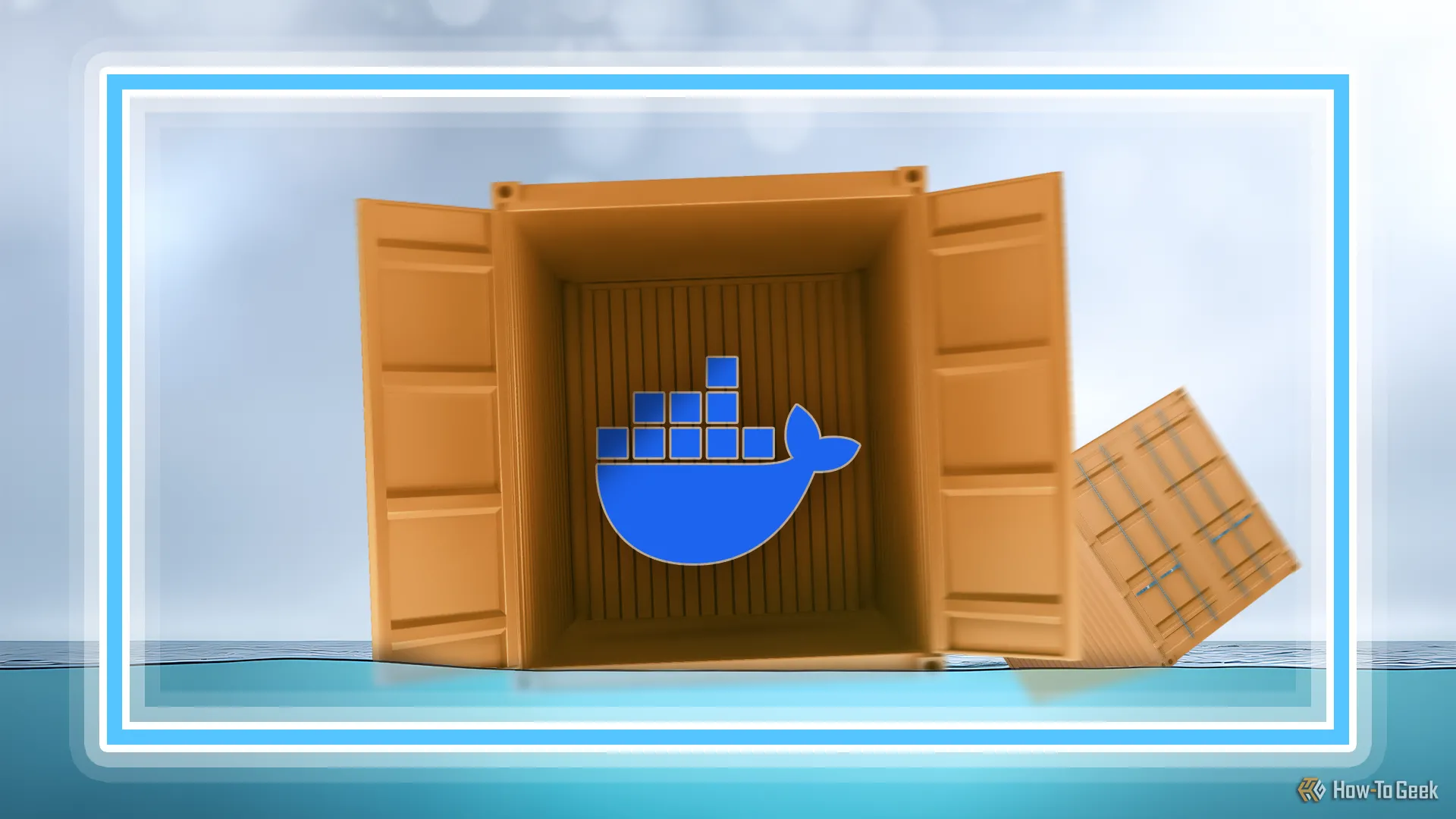 Một container hàng hóa nổi trên biển với biểu tượng Docker, minh họa khái niệm container hóa trong công nghệ.