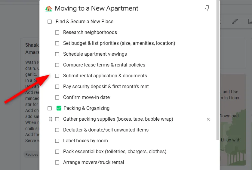 Một ghi chú ngẫu nhiên với các mục kiểm tra phụ trên Google Keep, minh họa cách tổ chức tác vụ.