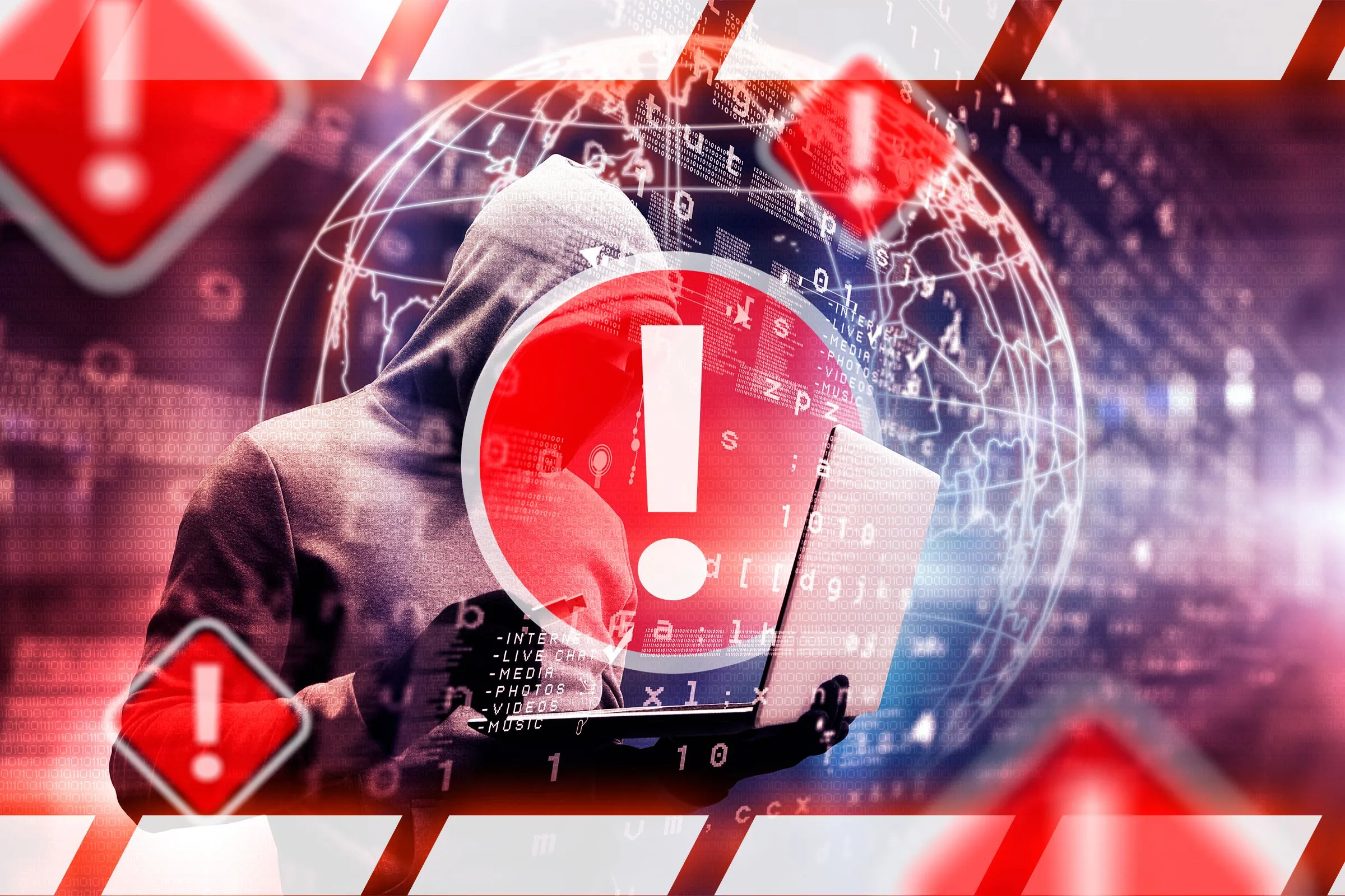 Một người ẩn danh đang truy cập dữ liệu trên laptop với các biển cảnh báo, minh họa rủi ro rò rỉ dữ liệu và lợi ích kiểm soát từ self-hosting