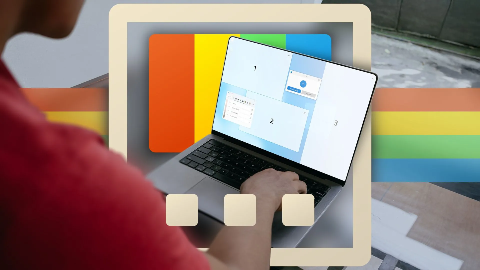 Người đàn ông làm việc trên laptop với tính năng FancyZones từ PowerToys được làm nổi bật, minh họa khả năng sắp xếp cửa sổ nâng cao.