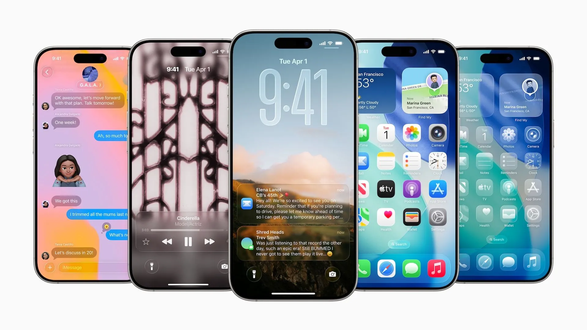 Nhiều mẫu iPhone hiển thị giao diện iOS 26 mới với Liquid Glass, nhấn mạnh trải nghiệm người dùng.