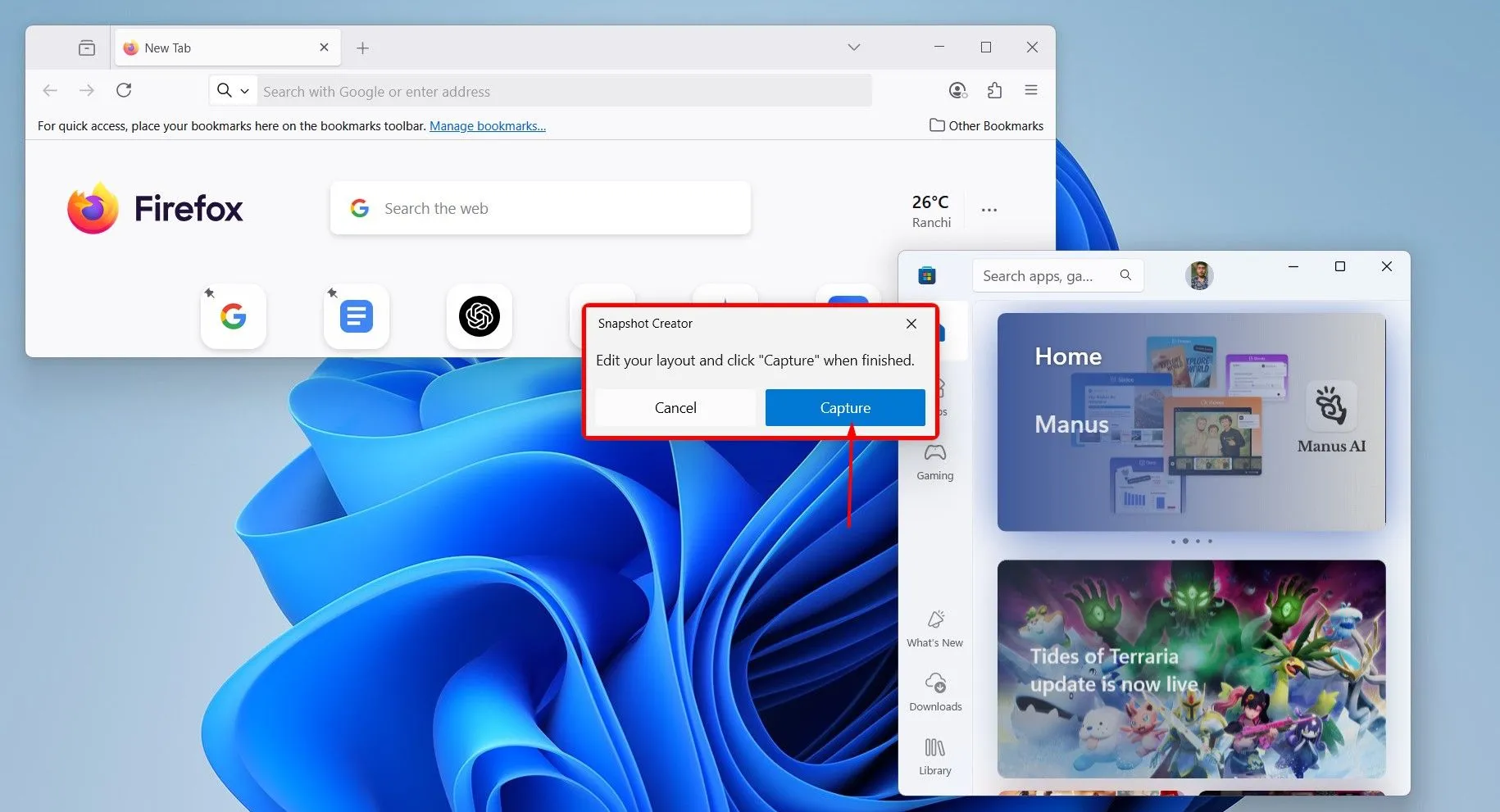 Nút &quot;Capture&quot; (Chụp) trong cửa sổ tạo Snapshot của PowerToys Workspaces để lưu cấu hình ứng dụng