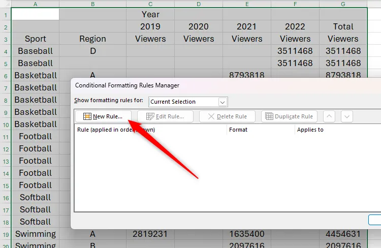 Nút New Rule được chọn trong Excel