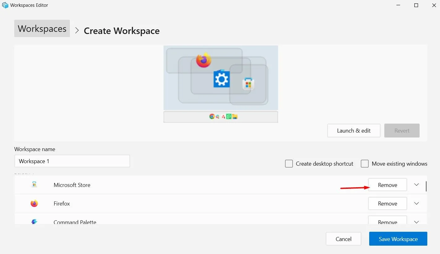 Nút &quot;Remove&quot; (Xóa) trong giao diện Workspace Editor của PowerToys, cho phép loại bỏ ứng dụng khỏi không gian làm việc