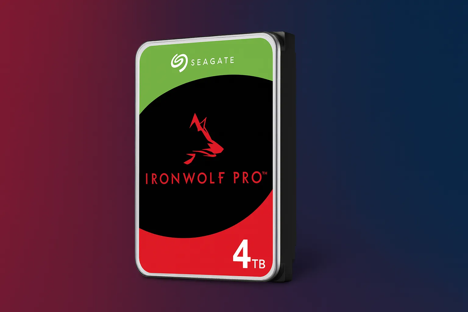 Ổ cứng Seagate IronWolf Pro 4TB trên nền chuyển màu, nhấn mạnh thiết kế chuyên nghiệp