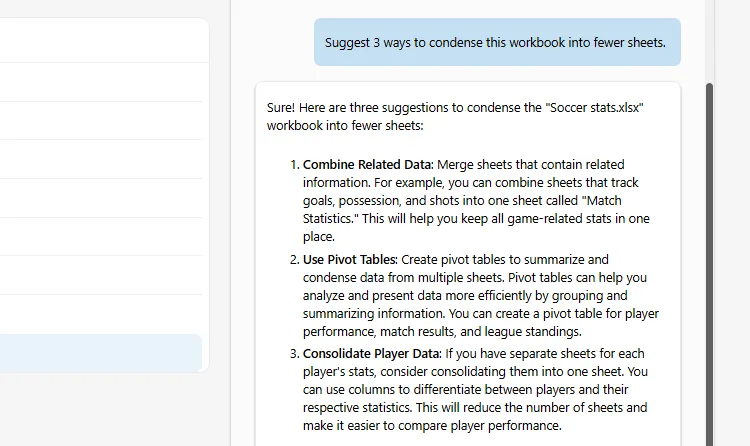 Phản hồi của Copilot với các gợi ý rút gọn sổ làm việc Excel thành ít sheet hơn, giúp tối ưu hóa dữ liệu.
