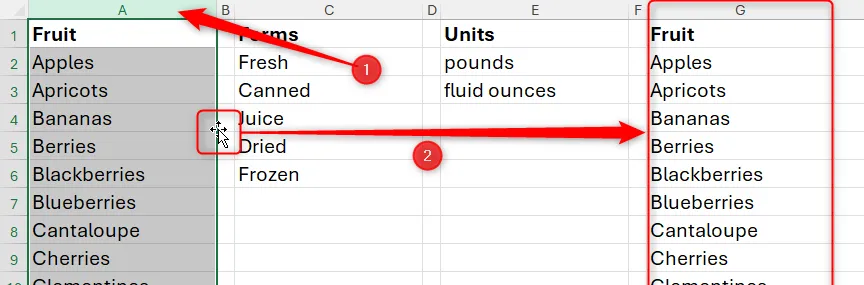 Sao chép một cột trong Excel bằng cách giữ Ctrl và kéo thả cột đã chọn sang vị trí khác