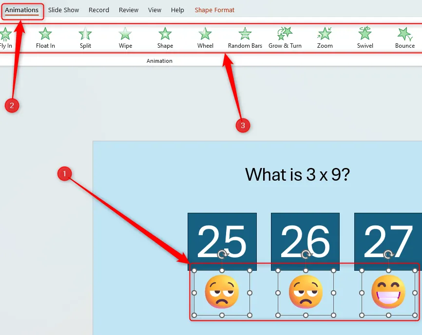 Slide PowerPoint với ba đối tượng được chọn và bảng Animation Pane mở ở trên cùng cửa sổ