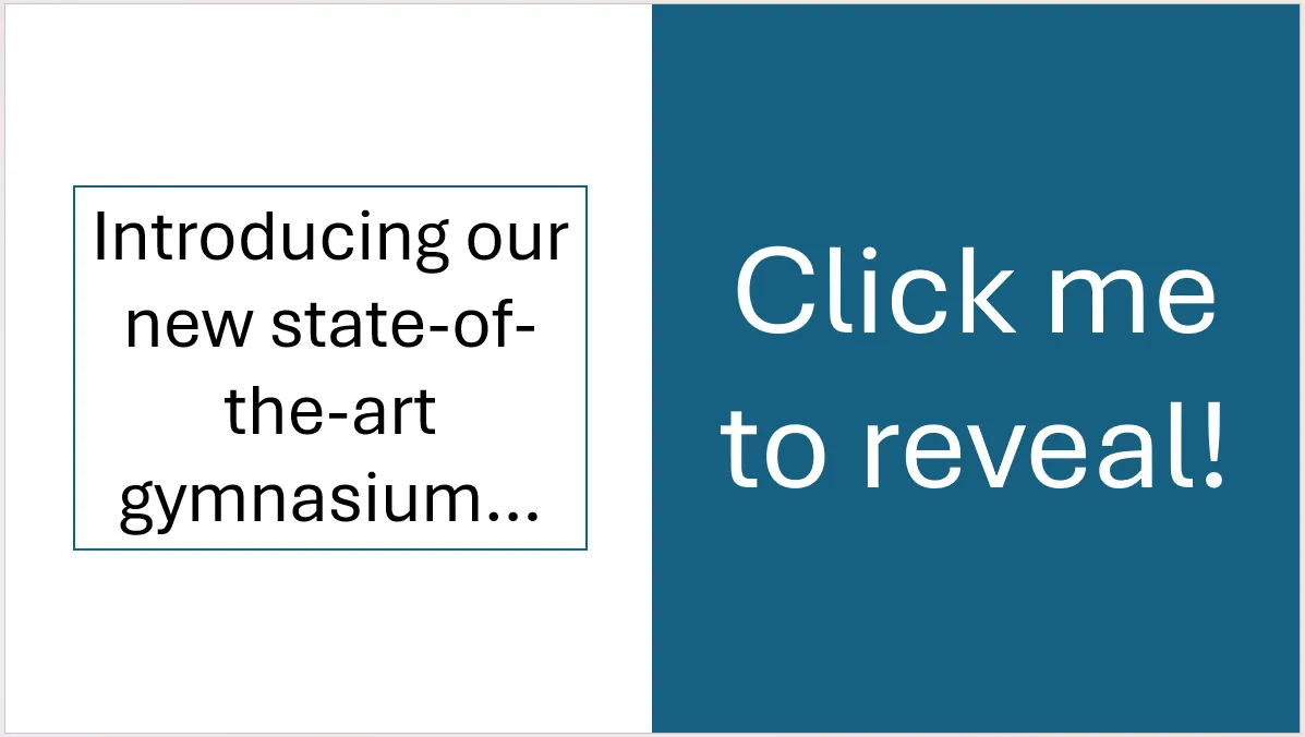 Slide PowerPoint với hình chữ nhật màu xanh che ảnh, có văn bản hướng dẫn &quot;Click me to reveal&quot;