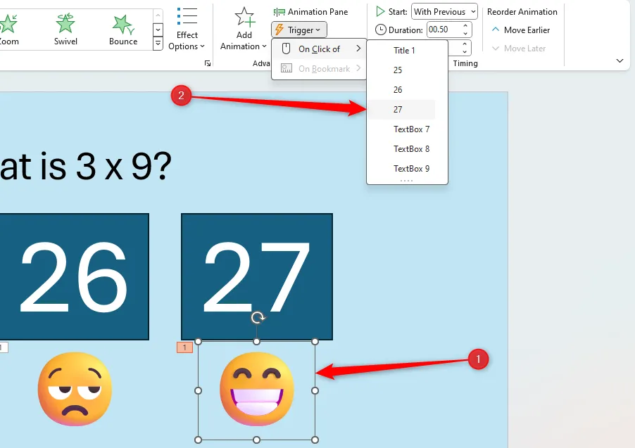 Slide PowerPoint với một đối tượng được chọn và một đối tượng trigger đang được chọn trong menu thả xuống Trigger