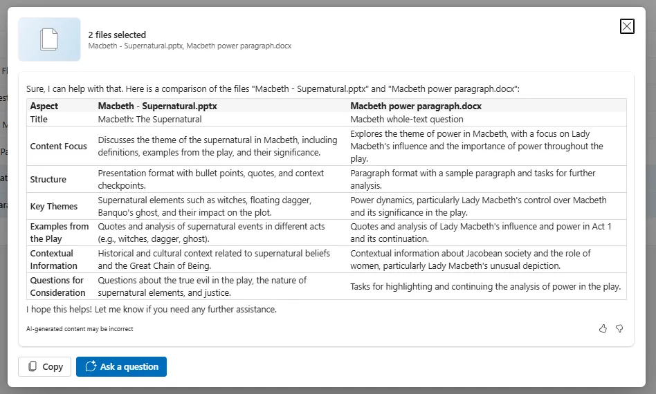 So sánh giữa file PowerPoint và Word do Copilot trong OneDrive tạo, minh họa khả năng so sánh các định dạng file đa dạng.