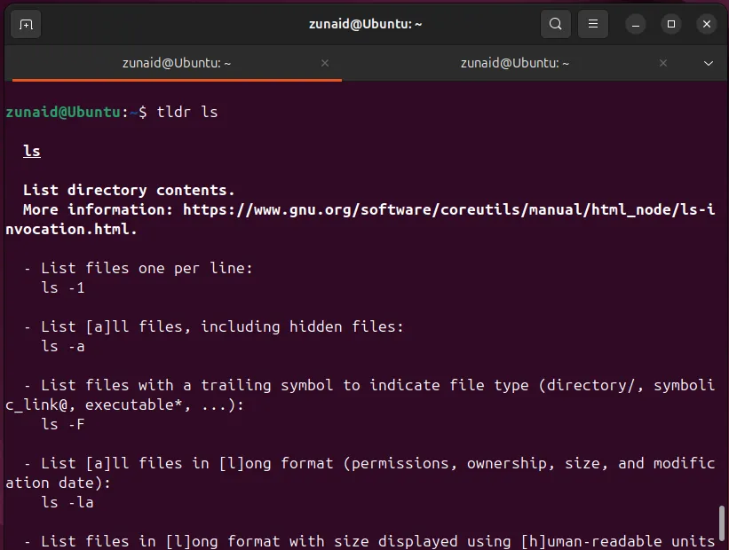 Sử dụng lệnh tldr để hiển thị các ví dụ về một lệnh Linux trong terminal