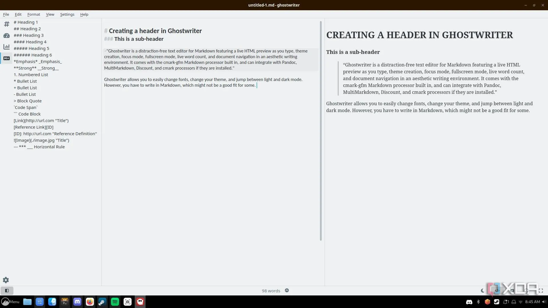 Tài liệu mẫu trong trình soạn thảo Markdown Ghostwriter trên Linux với tính năng xem trước HTML