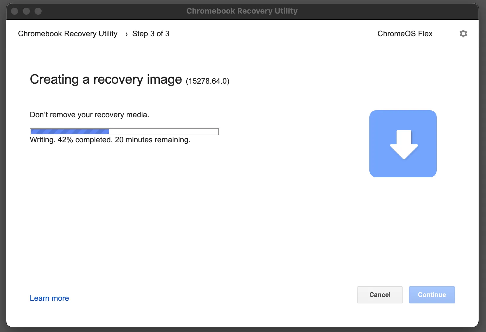Thanh tiến trình hiển thị quá trình sao chép ảnh phục hồi ChromeOS Flex vào ổ đĩa USB, chuẩn bị cho việc cài đặt hệ điều hành nhẹ này.