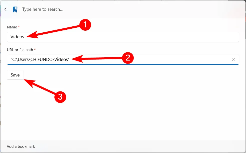Thêm một đánh dấu trang (bookmark) mới trong giao diện Command Palette của Windows.