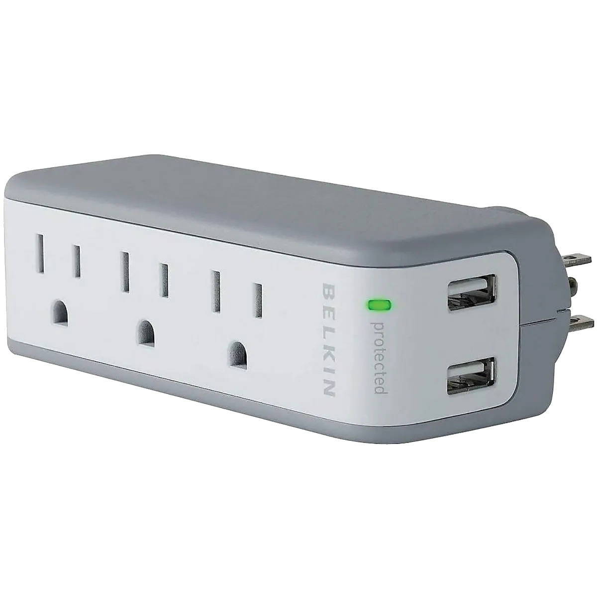 Thiết bị chống sét lan truyền du lịch Belkin BST300bg với 3 ổ cắm AC và 2 cổng USB-A.