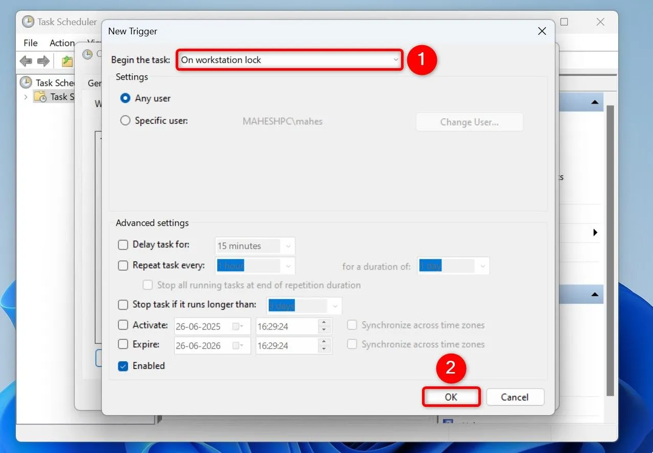 Thiết lập trình kích hoạt (trigger) cho tác vụ đóng ứng dụng trong Task Scheduler