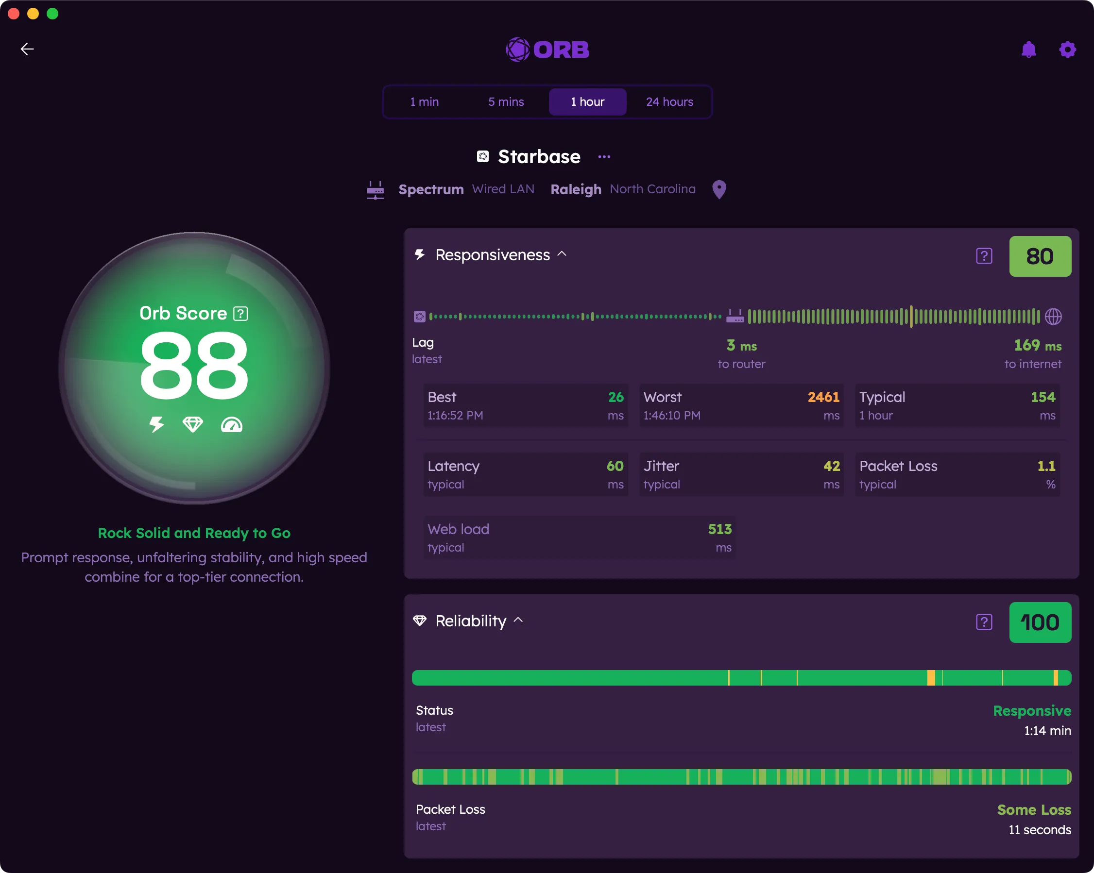 Thông tin mạng được hiển thị trong ứng dụng Orb.