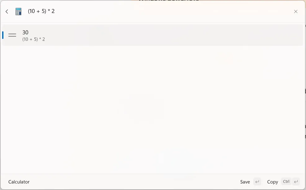 Thực hiện phép tính đơn giản trong giao diện Command Palette trên Windows.