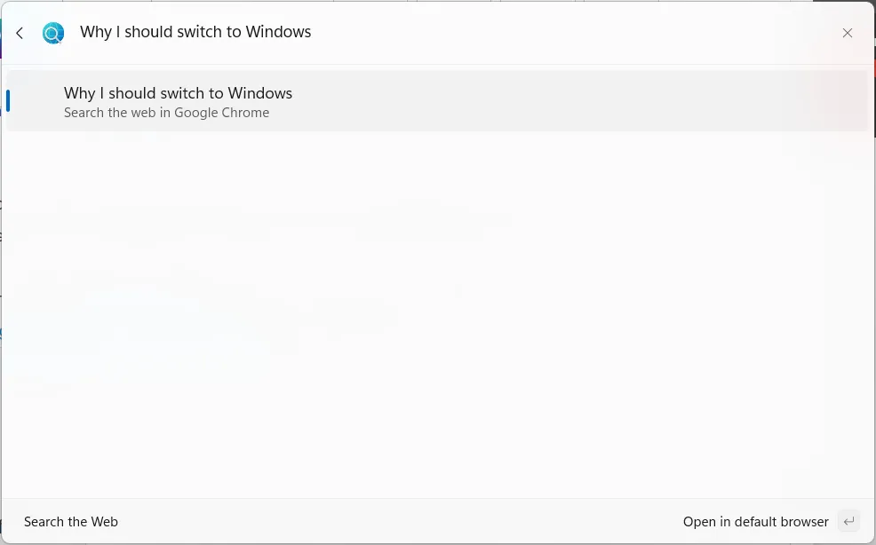 Thực hiện tìm kiếm web nhanh chóng thông qua Command Palette trên Windows.