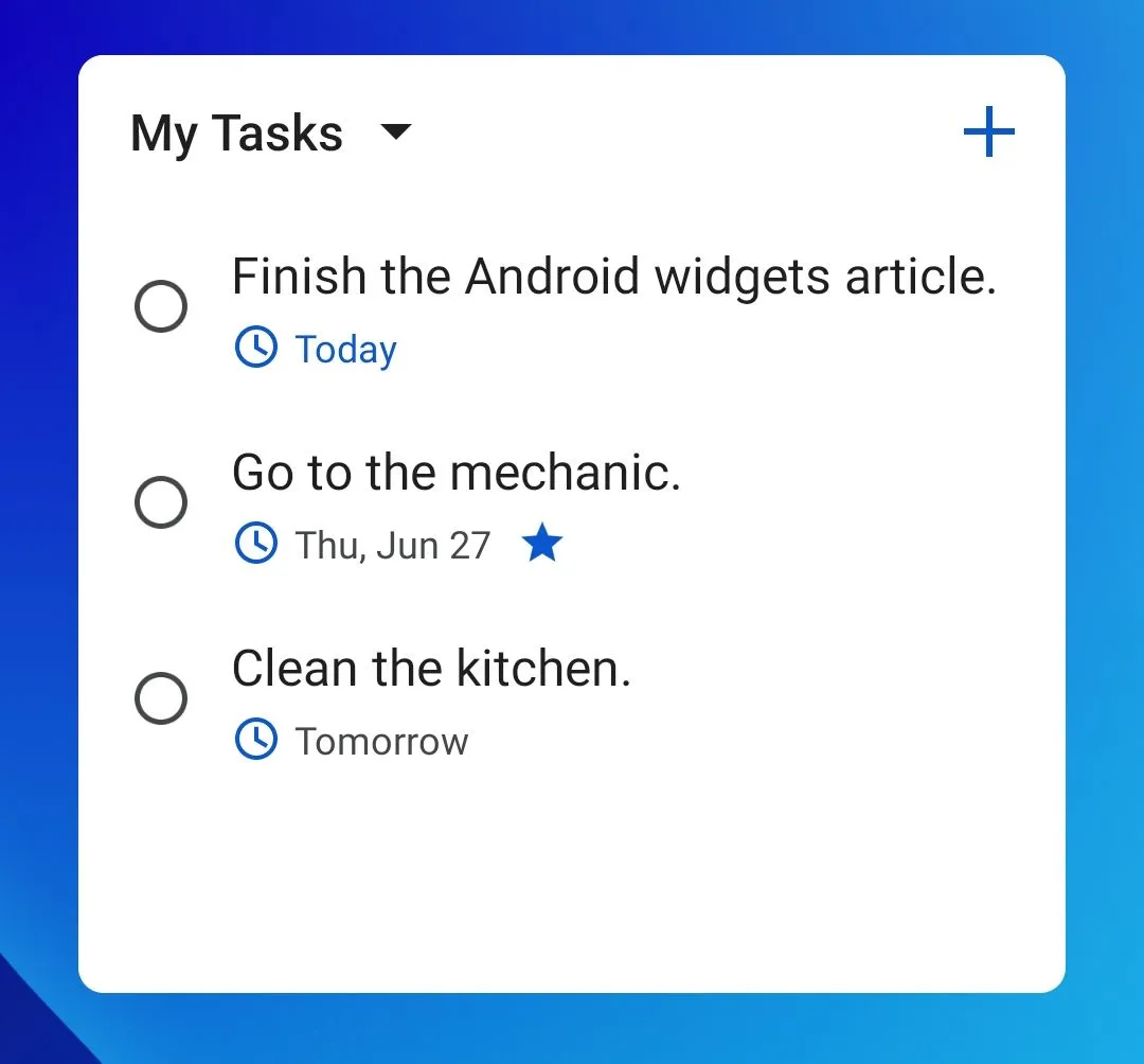 Tiện ích (widget) Google Tasks trên màn hình chính di động, cho phép thêm và hoàn thành nhiệm vụ nhanh chóng.