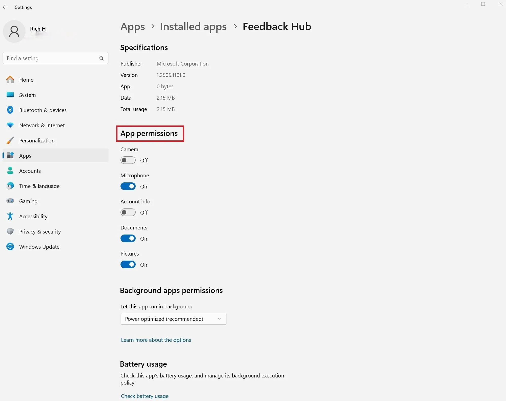 Trang cài đặt Feedback Hub trong Windows 11, hiển thị các quyền ứng dụng