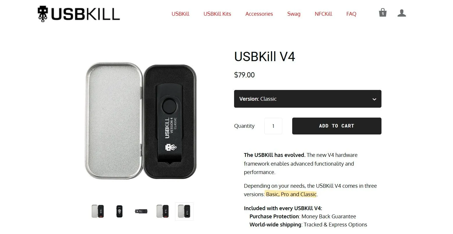 Trang thanh toán trên website chính thức của USBKill, cho thấy việc mua sắm thiết bị hủy diệt này đơn giản như thế nào.