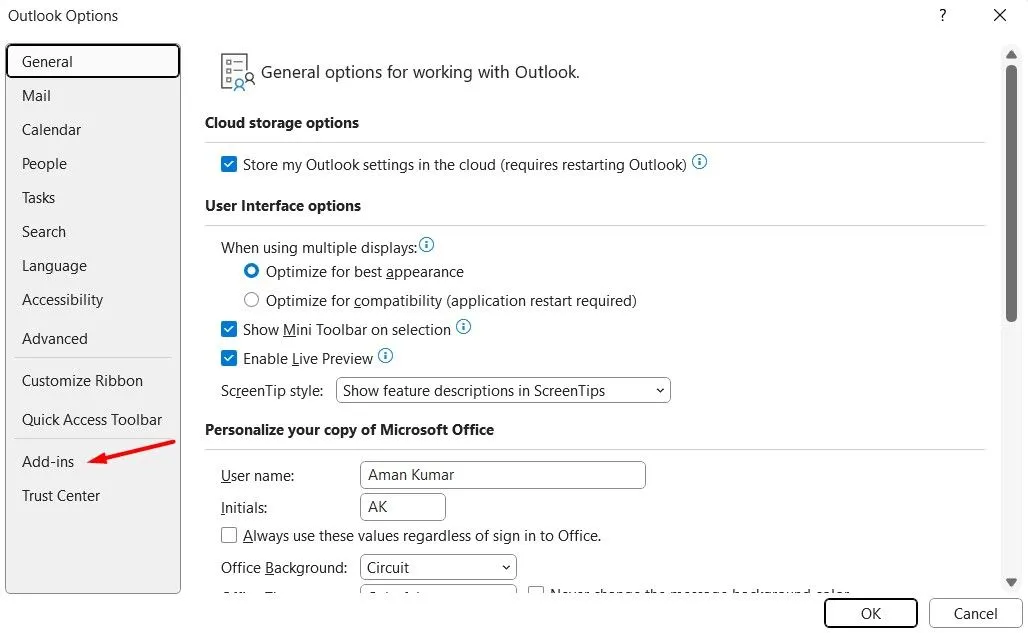 Tùy chọn Add-ins trong cửa sổ Outlook Options để quản lý tiện ích bổ sung