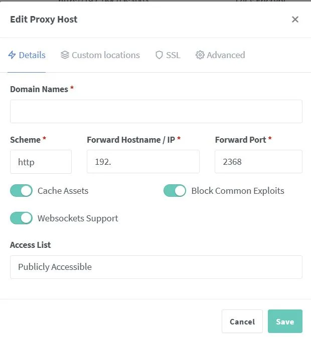 Tùy chọn cấu hình proxy host cho Ghost blog trong Nginx Proxy Manager, bao gồm cài đặt SSL.