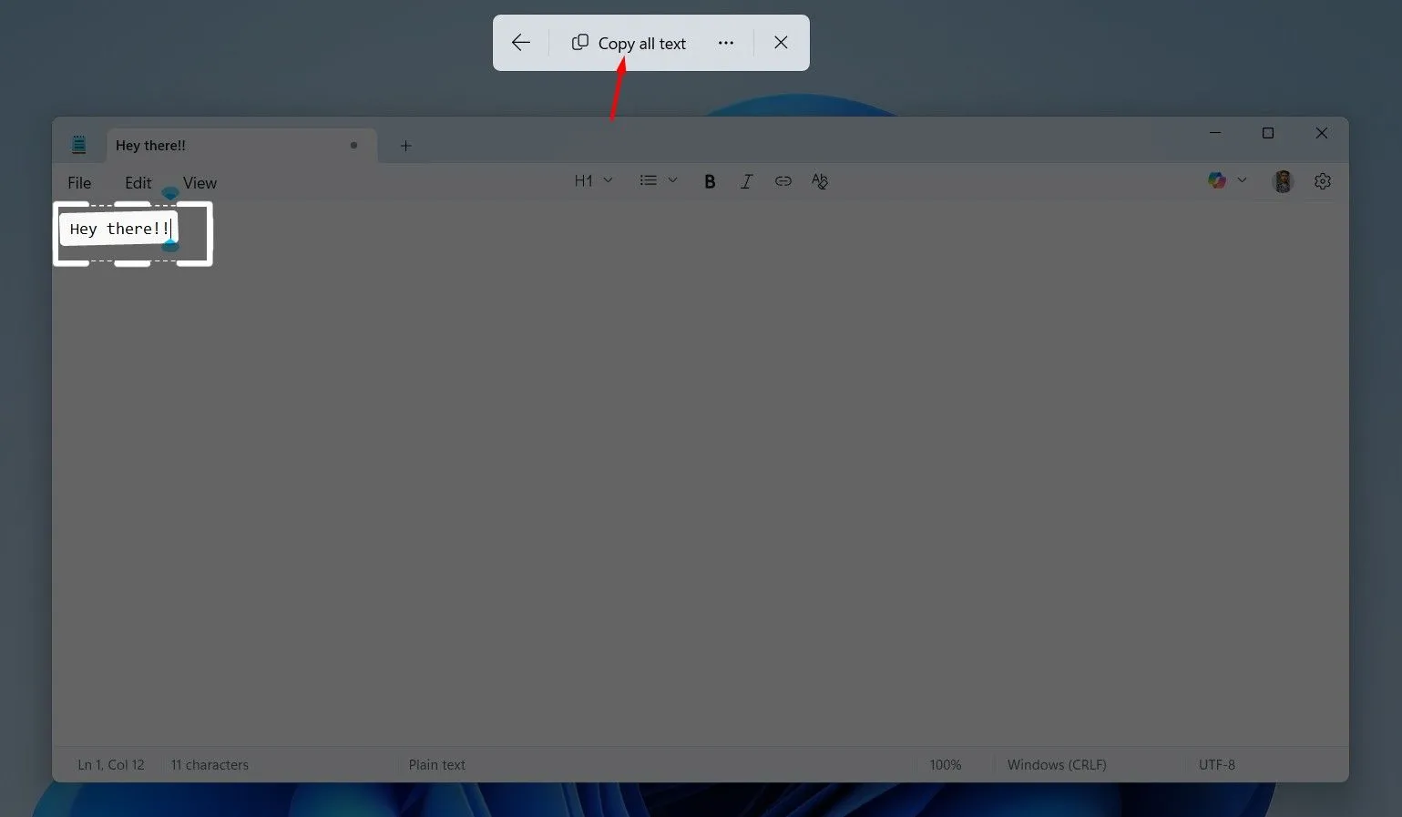Tùy chọn &quot;Copy All text&quot; (Sao chép toàn bộ văn bản) trong Snipping Tool sau khi trích xuất văn bản