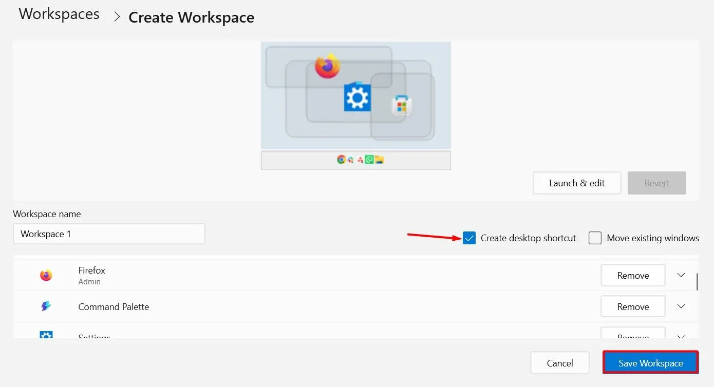Tùy chọn &quot;Create Desktop Shortcut&quot; (Tạo lối tắt trên màn hình) trong Workspace Editor của PowerToys