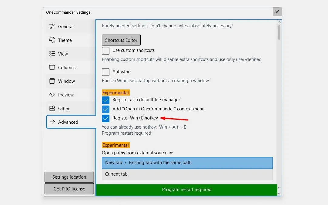 Tùy chọn gán phím tắt Win+E trong cài đặt của OneCommander