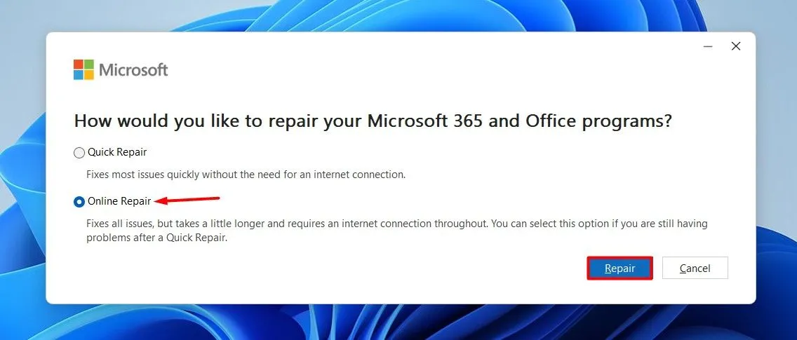 Tùy chọn Online Repair để sửa chữa ứng dụng Microsoft Office, bao gồm Outlook