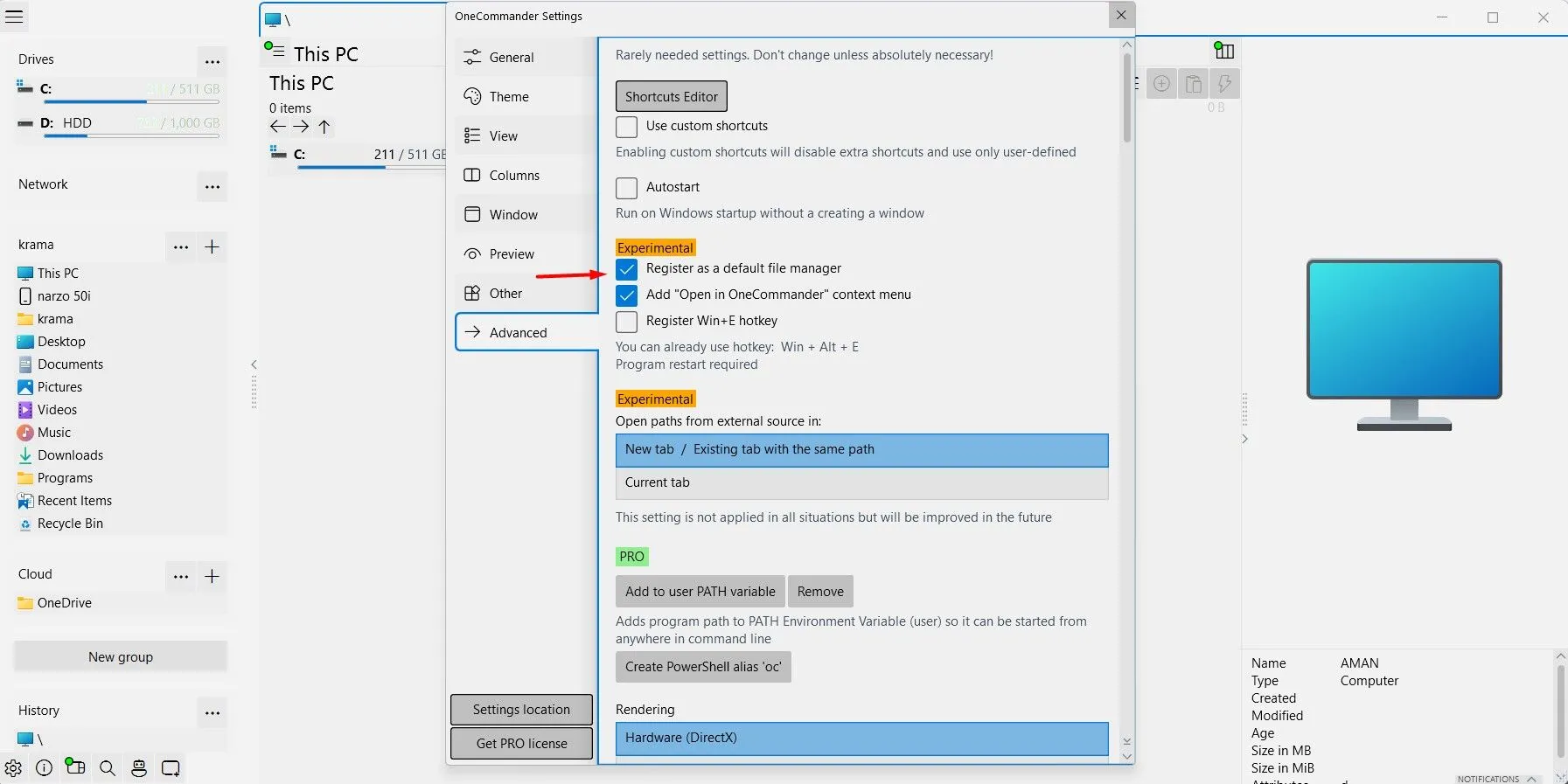 Tùy chọn 'Register as a Default File Manager' trong cài đặt OneCommander