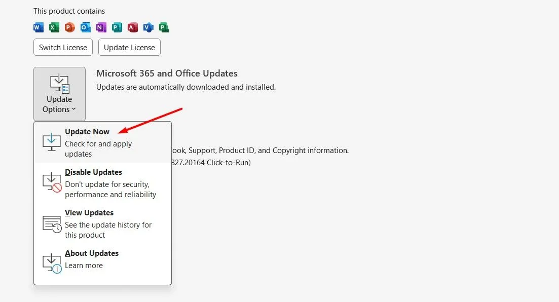 Tùy chọn Update Now trong cửa sổ Office Account để cập nhật Microsoft Outlook