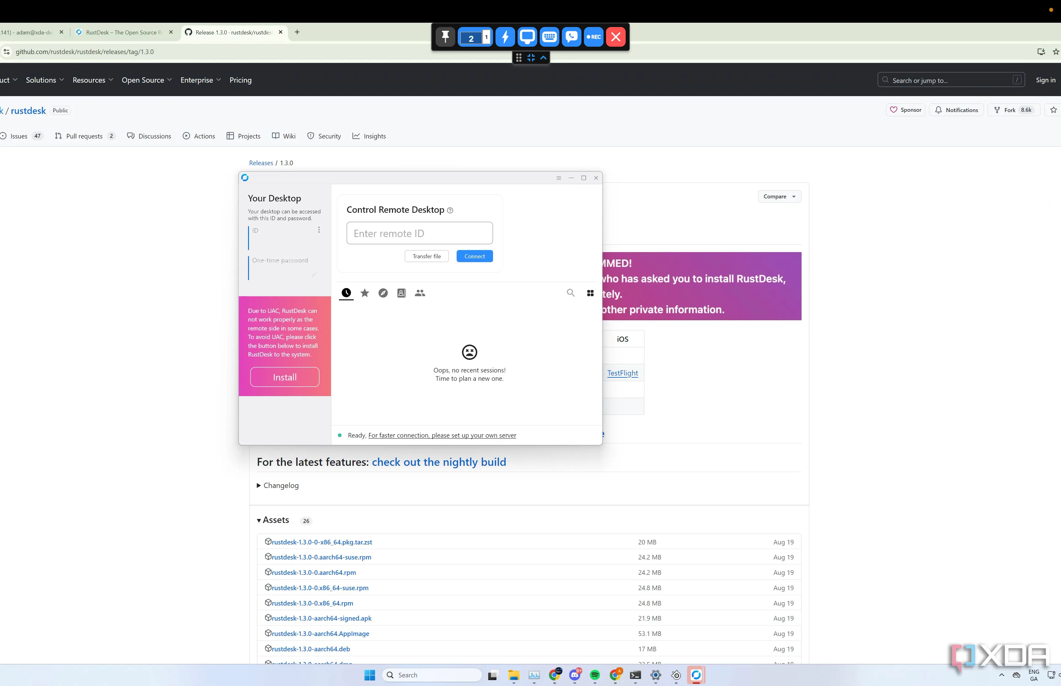 Ứng dụng RustDesk đang chạy trên hệ điều hành Windows, minh họa tính năng miễn phí và mã nguồn mở của phần mềm điều khiển máy tính từ xa này.
