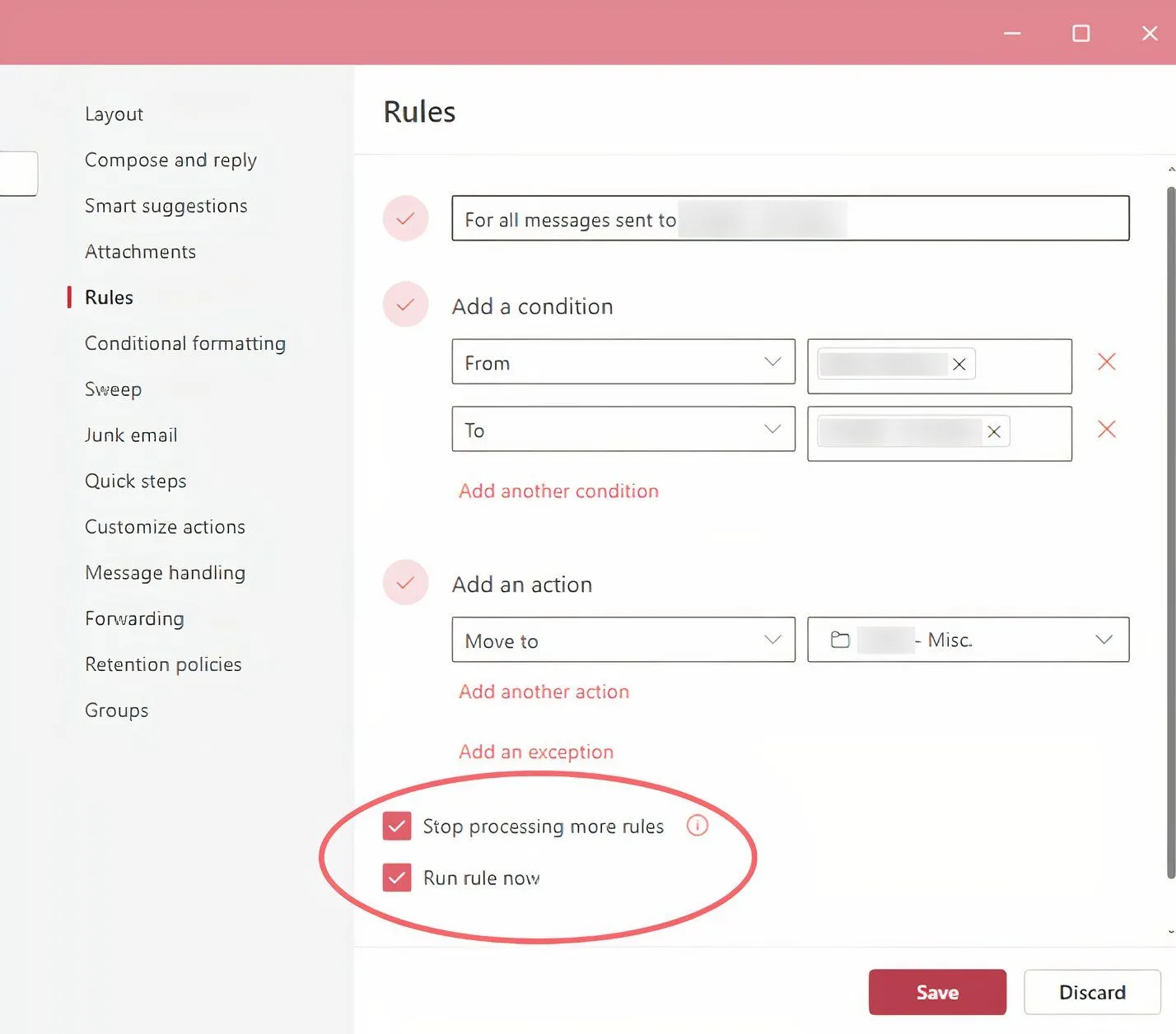 Ví dụ về một quy tắc đã được thiết lập hoàn chỉnh trong Outlook mới, kèm tùy chọn &quot;Dừng xử lý các quy tắc khác&quot;.